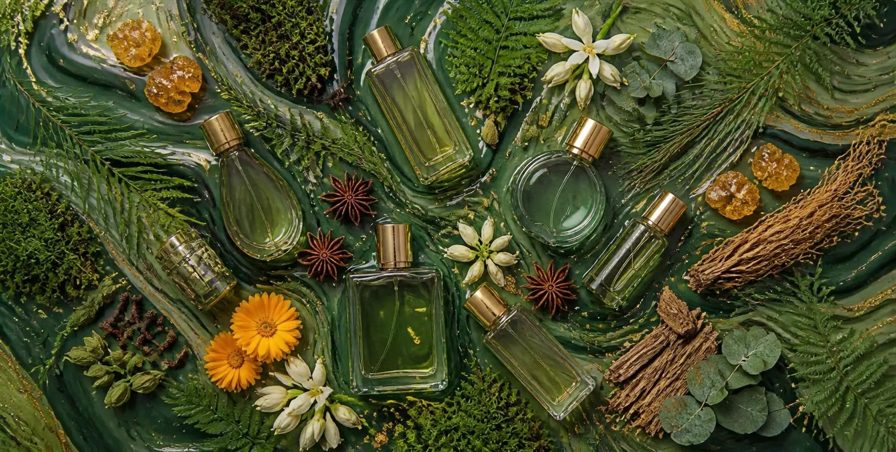 A circle of perfume bottles with ferns and botanicals on swirls of forest green