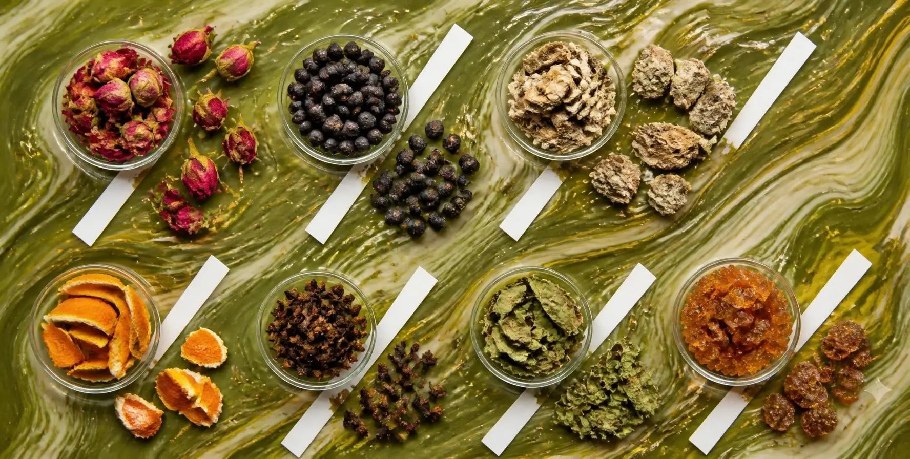 Ingredients sorted into glass dishes with smelling strips on swirls of olive green