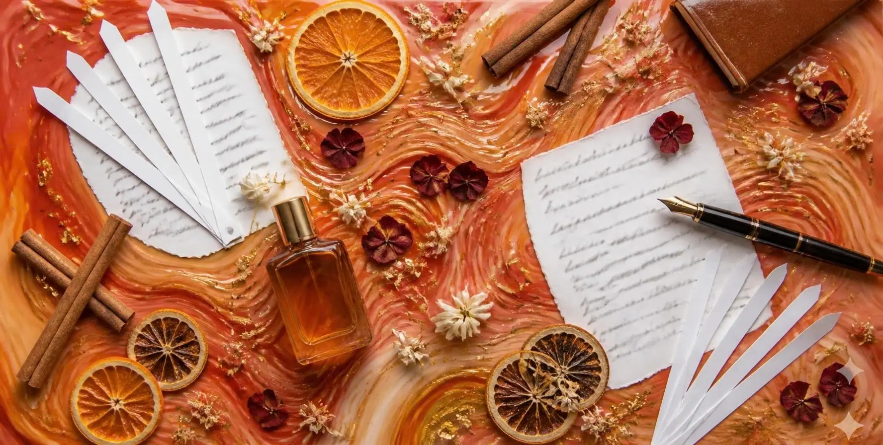 Smelling strips, handwritten notes, a fountain pen and dried orange on swirls of terracotta