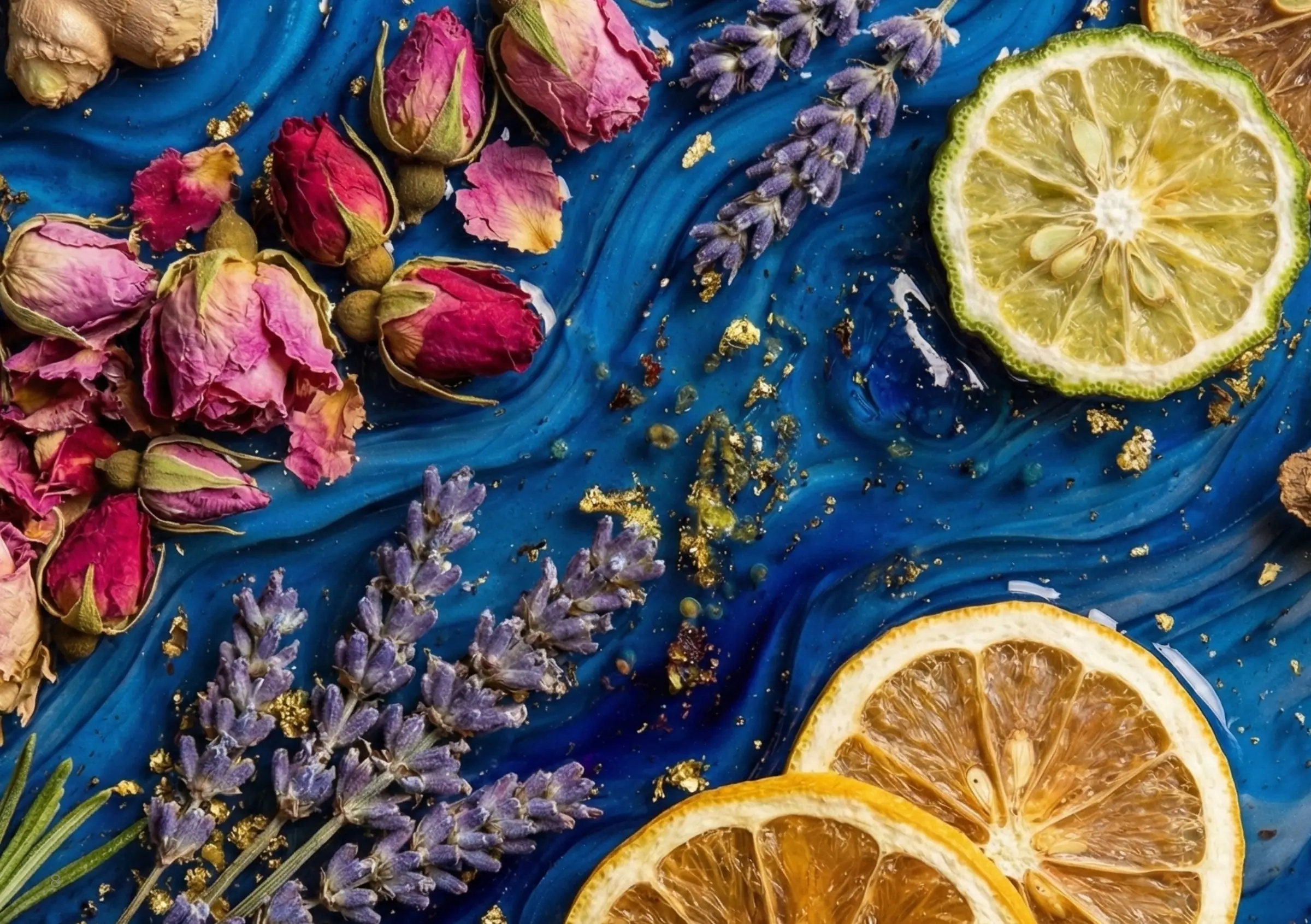 Rose buds, lavender, bergamot and orange on swirls of deep blue