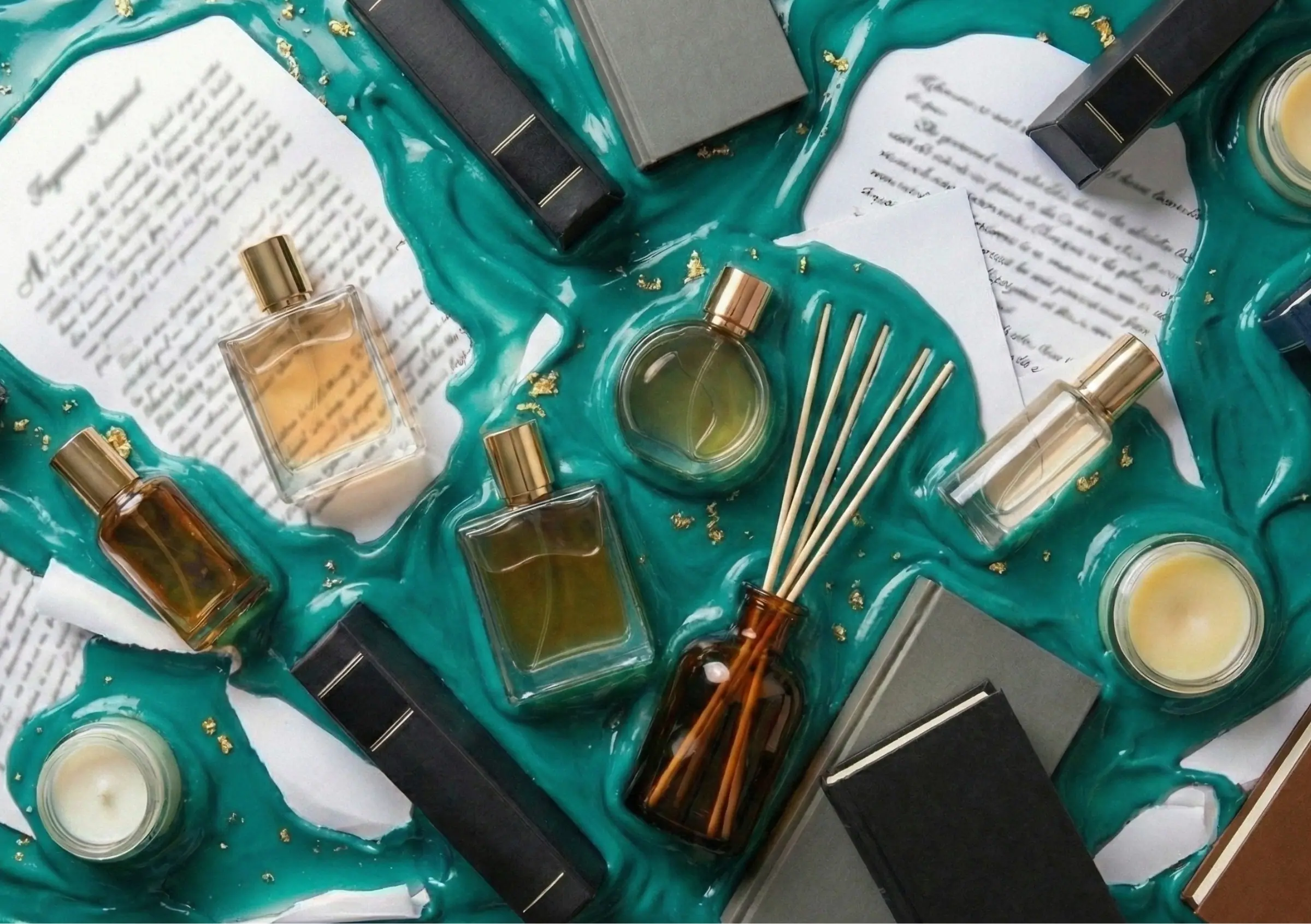 Perfume bottles, a reed diffuser and handwritten notes on swirls of teal