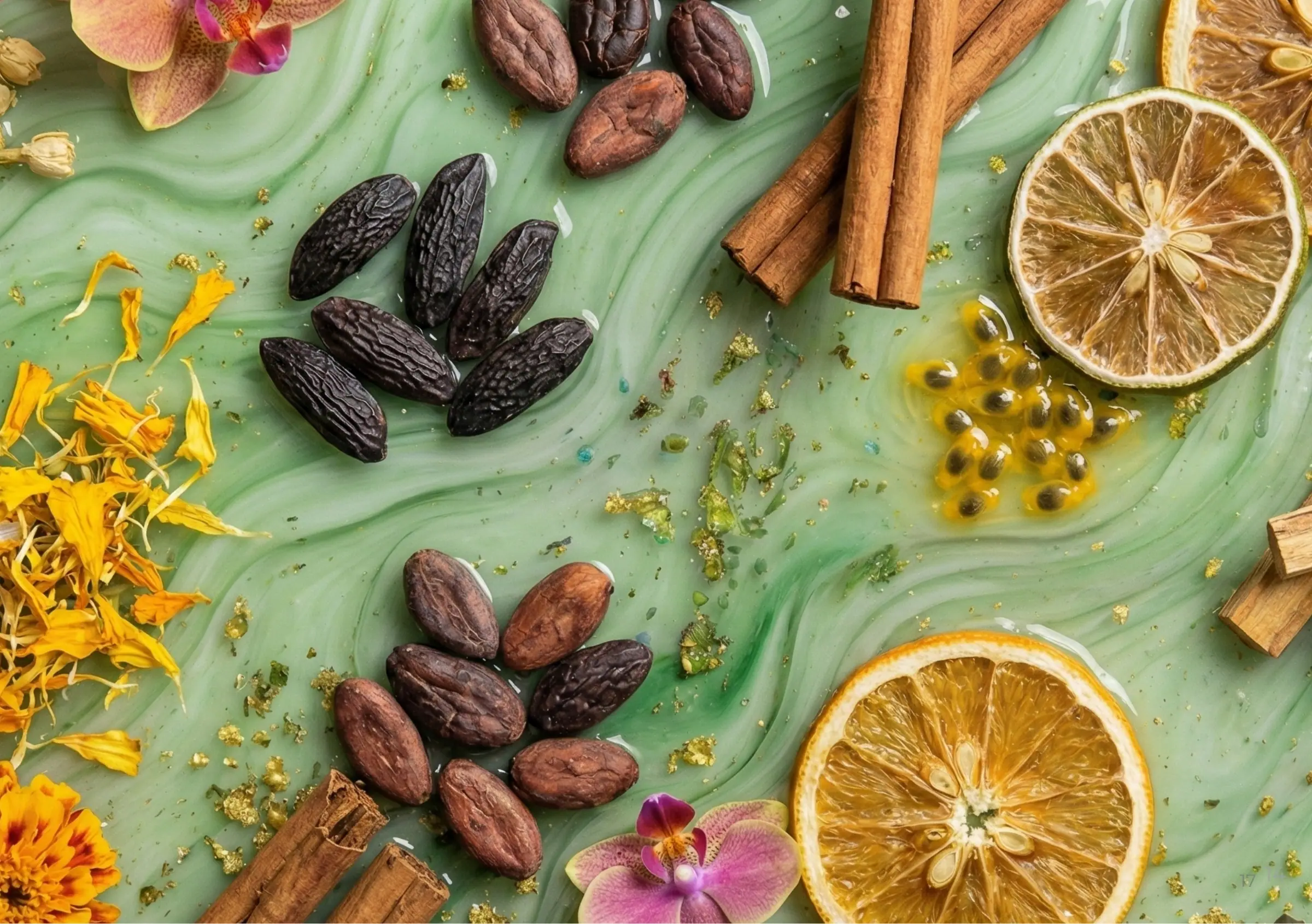 Tonka beans, cacao, cinnamon and dried orange on swirls of mint green