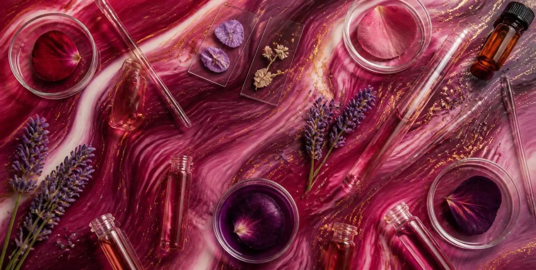 Petri dishes with petals, pipettes and lavender on swirls of magenta