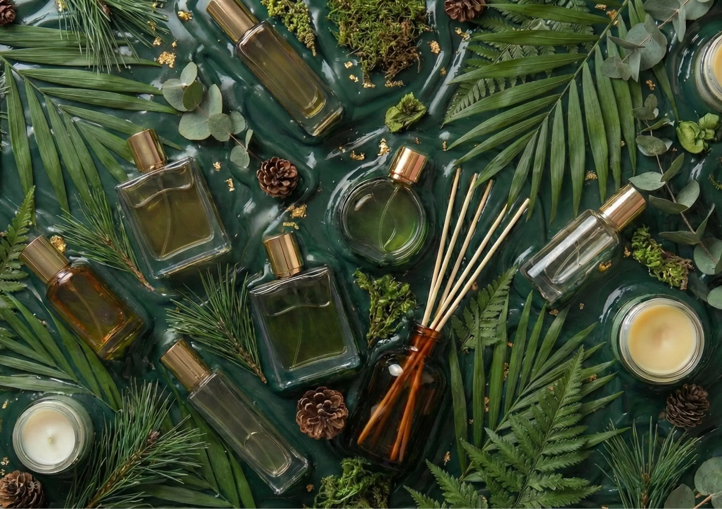 Perfume bottles among ferns and pine cones on swirls of dark green