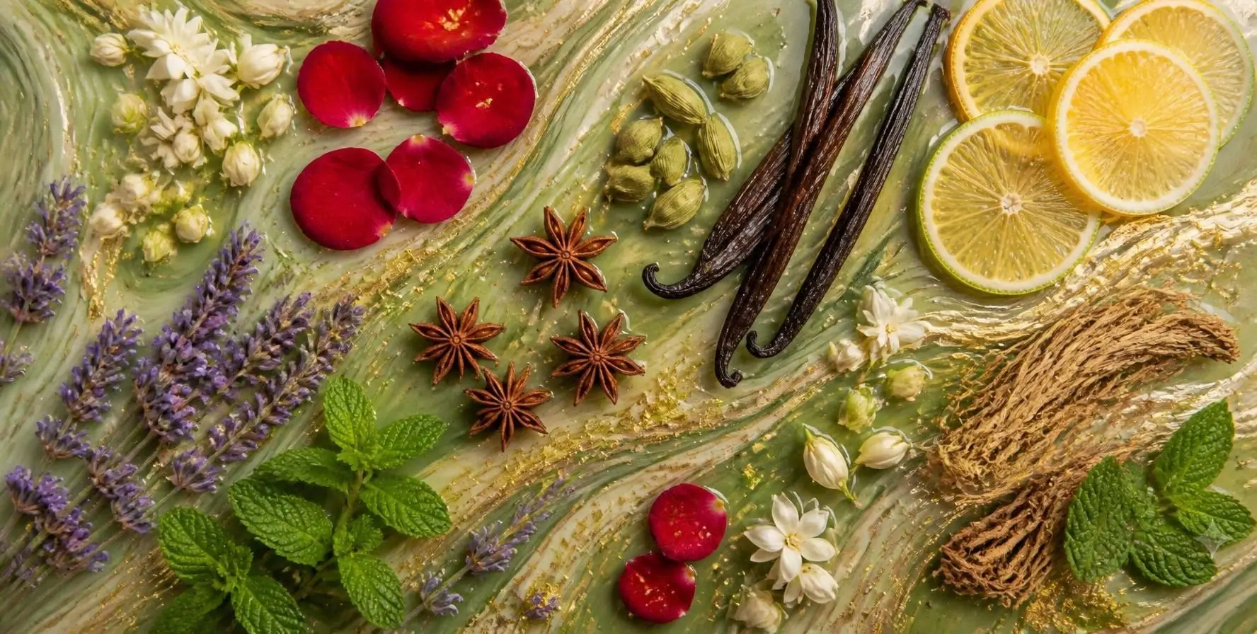Vanilla, jasmine, rose, lavender, citrus and spices on swirls of sage green