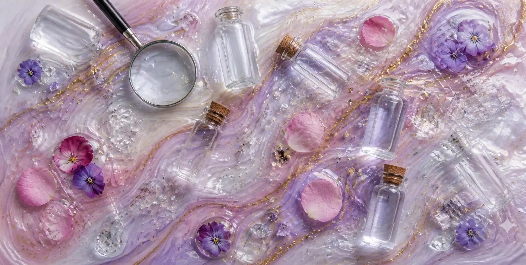 Clear glass vials, a magnifying lens and petals on swirls of lilac